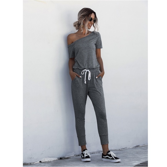 Contrast Tie Short Sleeve Grey Jumpsuit - Picture 15 of 16